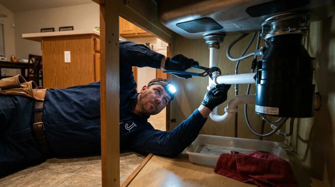 P-trap and supply line connections under a kitchen sink showing a common leak point in Bluefield, WV